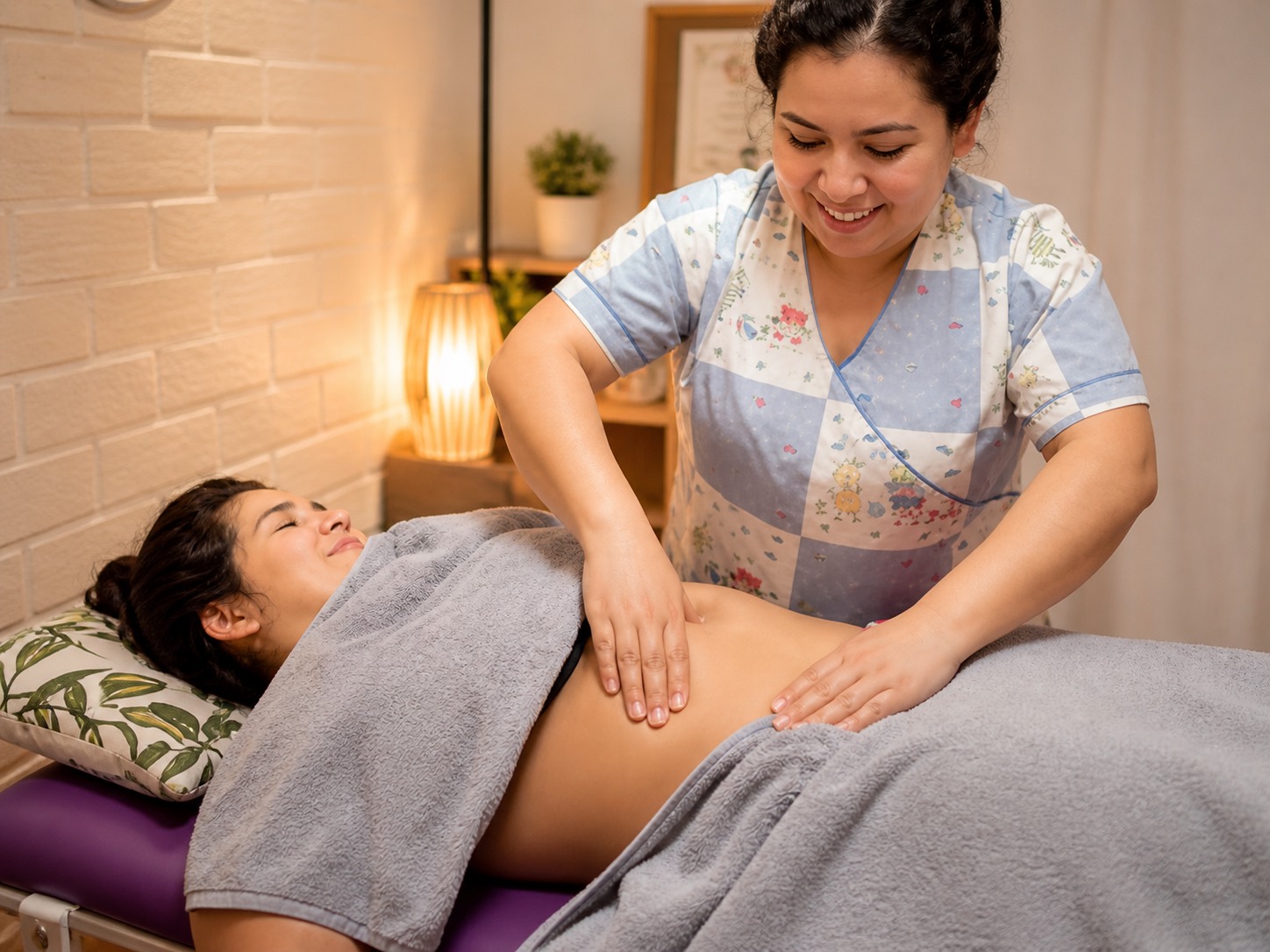 Terapeuta aplicando aceite antes de un masaje de espalda